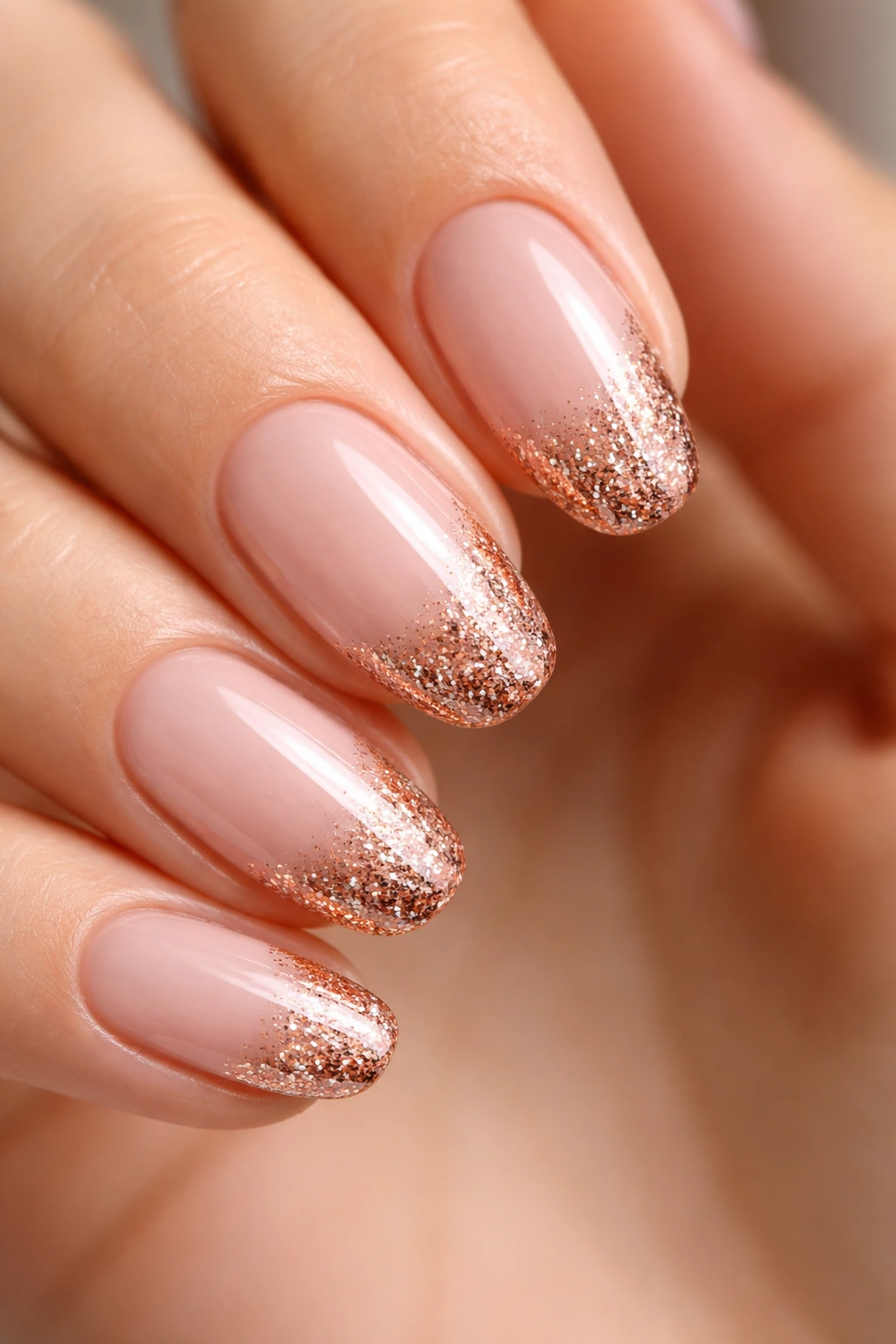 Close-up of nails with soft pink base and rose gold glitter tips