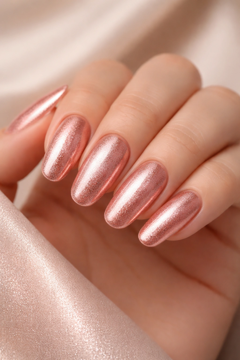Close-up of long round acrylic nails with rose gold shimmer coating