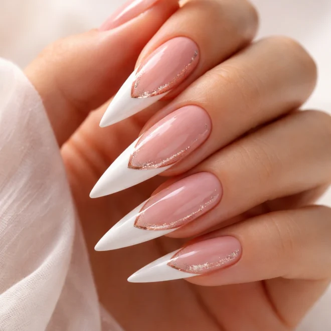 20 Pink and White French Tip Stiletto Nails
