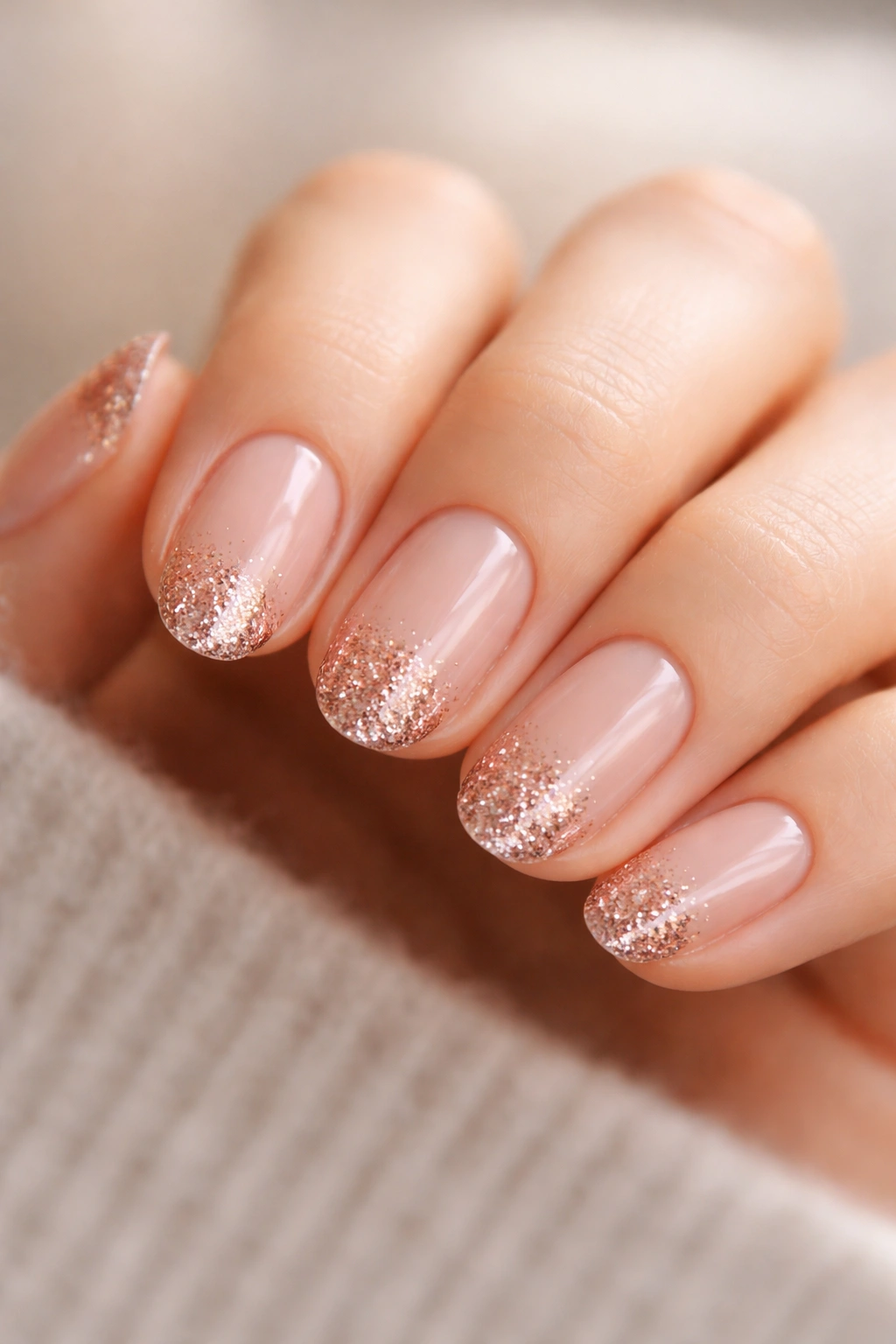 Close-up of short oval nails with rose gold glitter tips on a sheer pink base