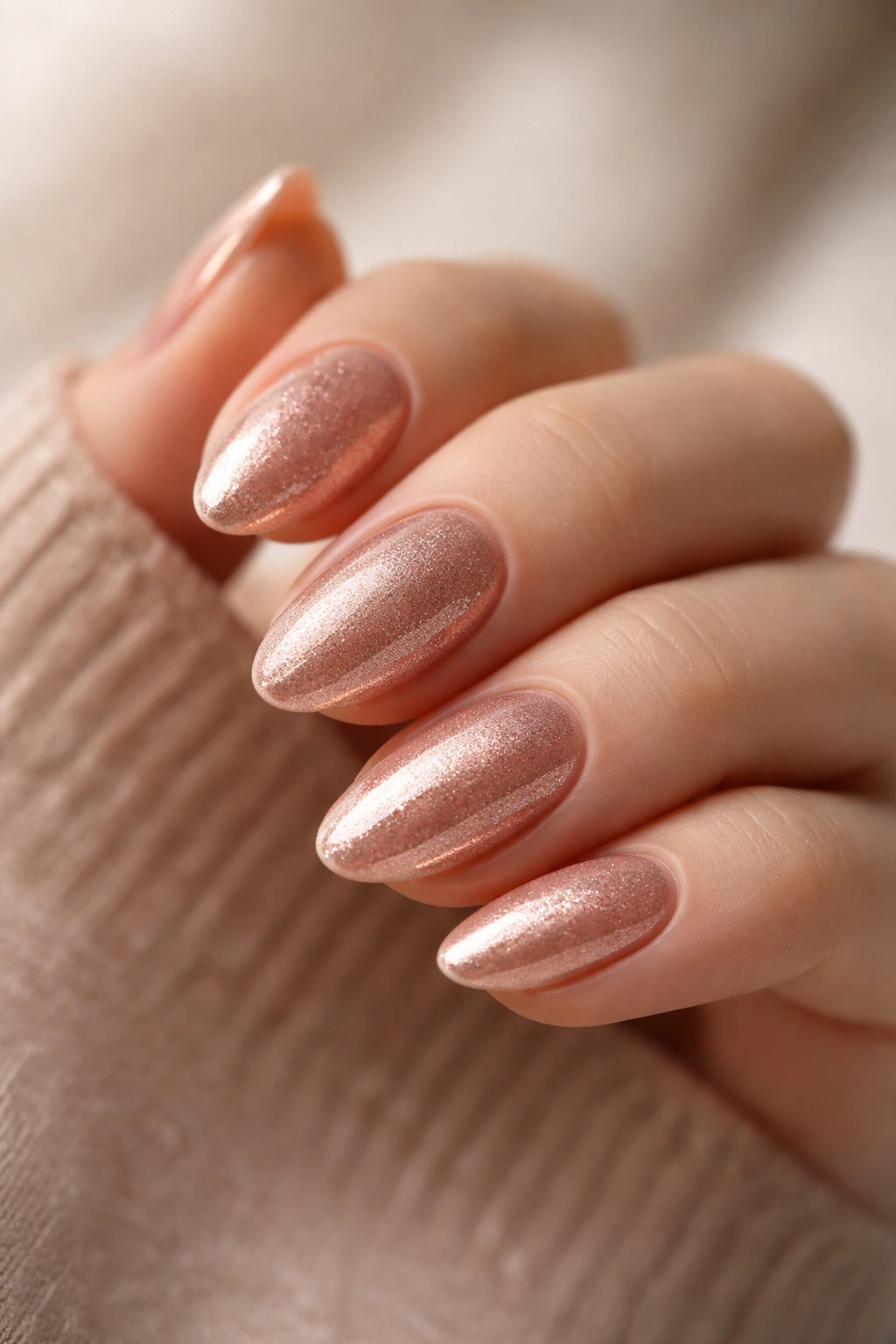 Close-up of short almond nails in rose gold with a warm metallic sheen