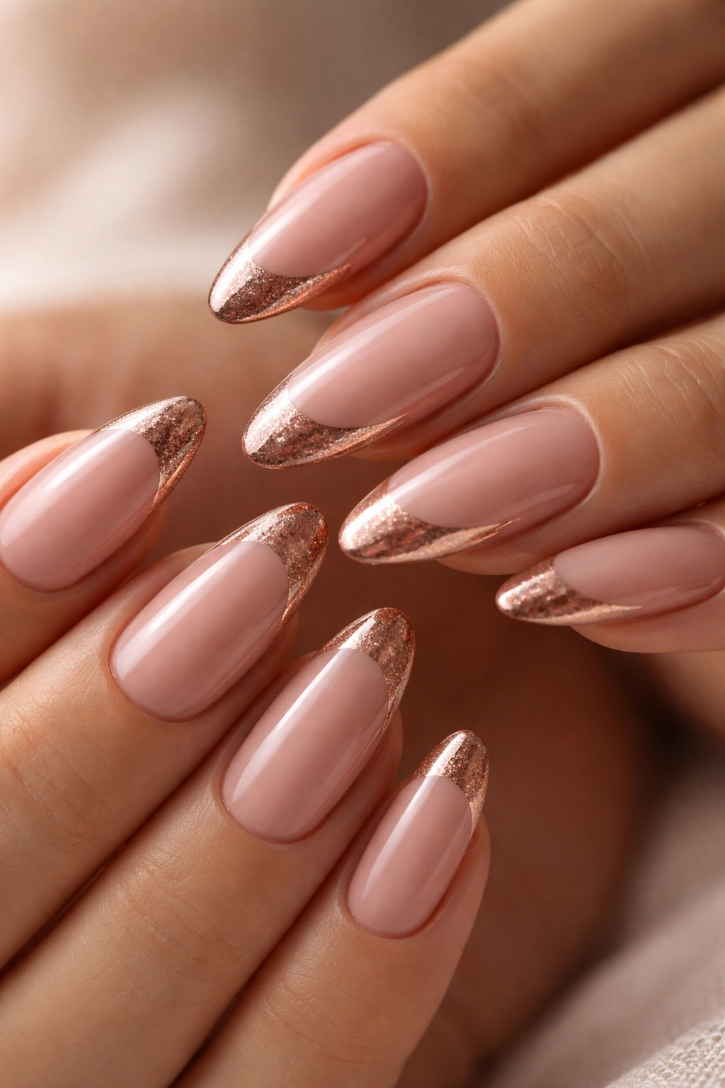Close-up of almond nails with rose gold French tips