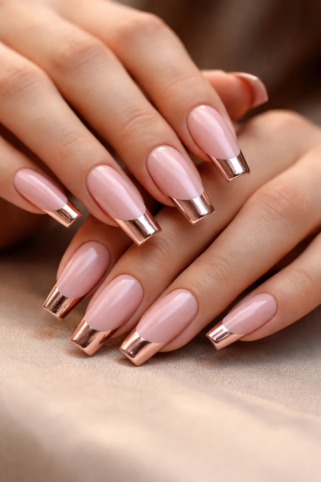 Close-up of rose gold and blush French tips on long coffin nails