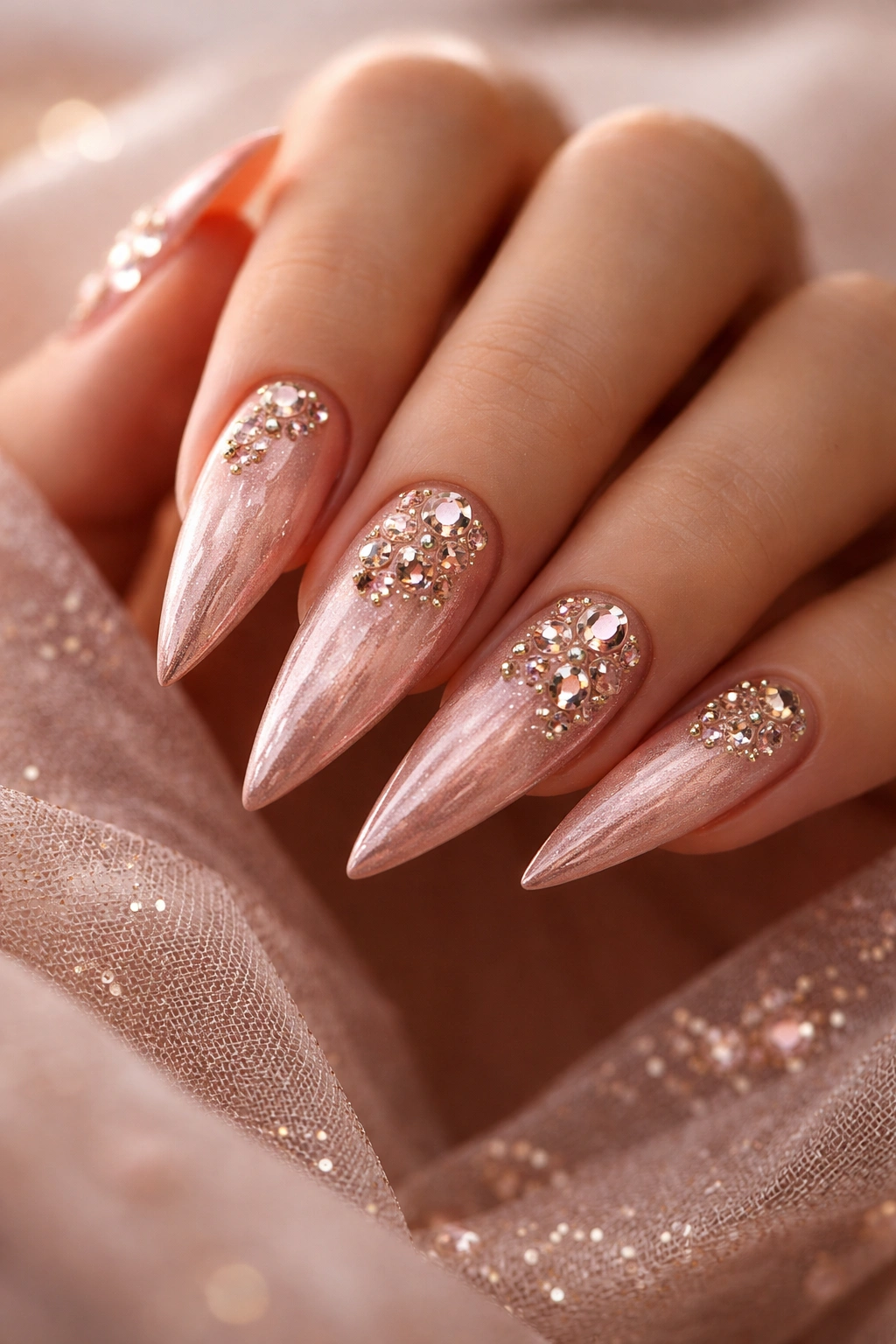 Close-up of romantic rose gold nails with blush and champagne rhinestones on a neutral background