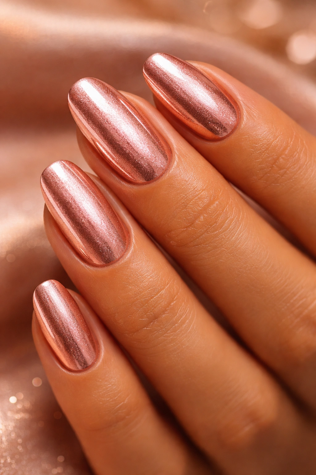 Close-up of rose gold metallic nails on bronzed skin