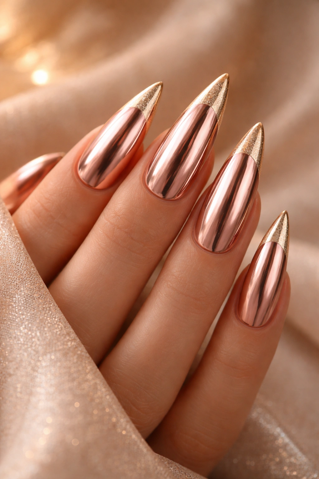 Close-up of rose gold chrome nails with champagne tips in warm lighting