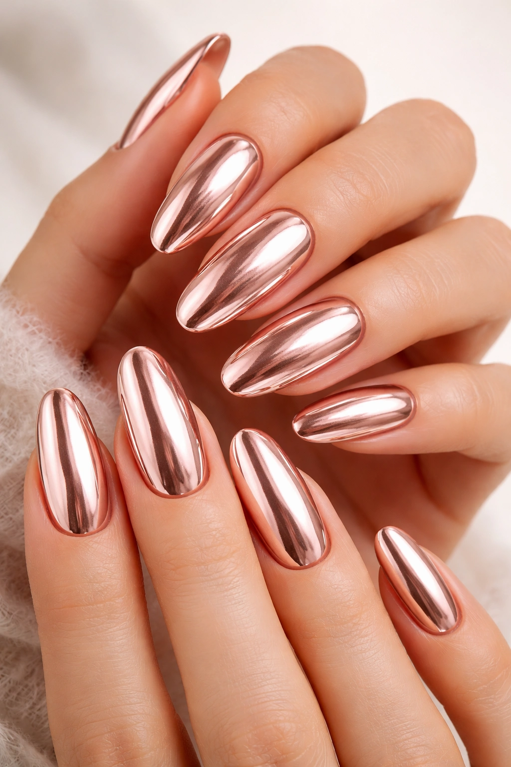 Close-up of rose gold long oval nails with chrome mirror finish