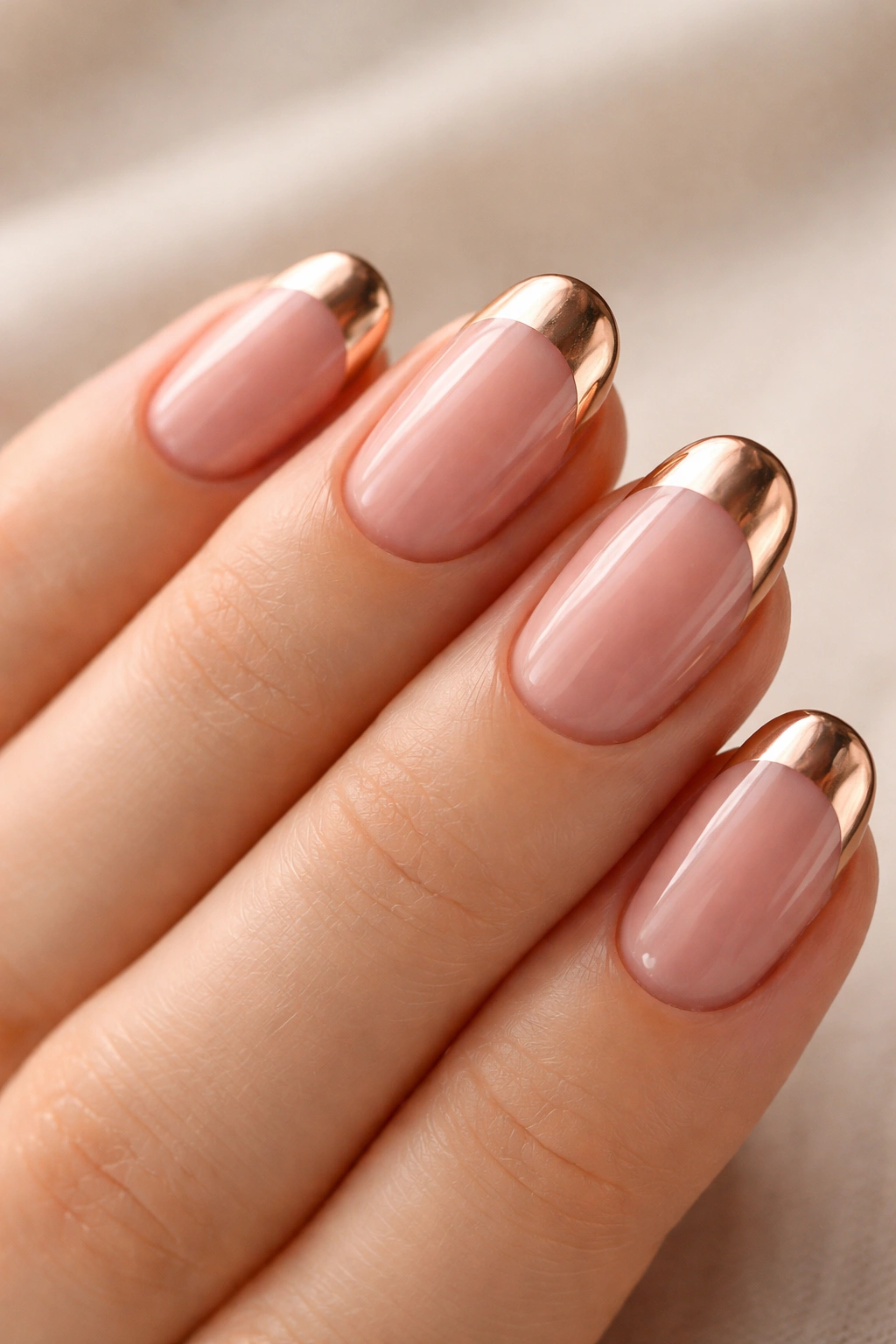 Close-up of short oval nails with rose gold chrome tip on pink-beige base