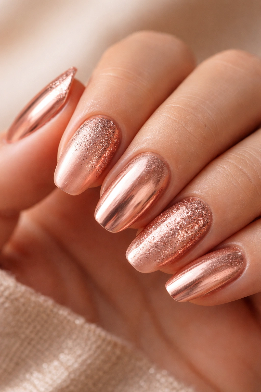 Close-up of rose gold nails with metallic chrome finish