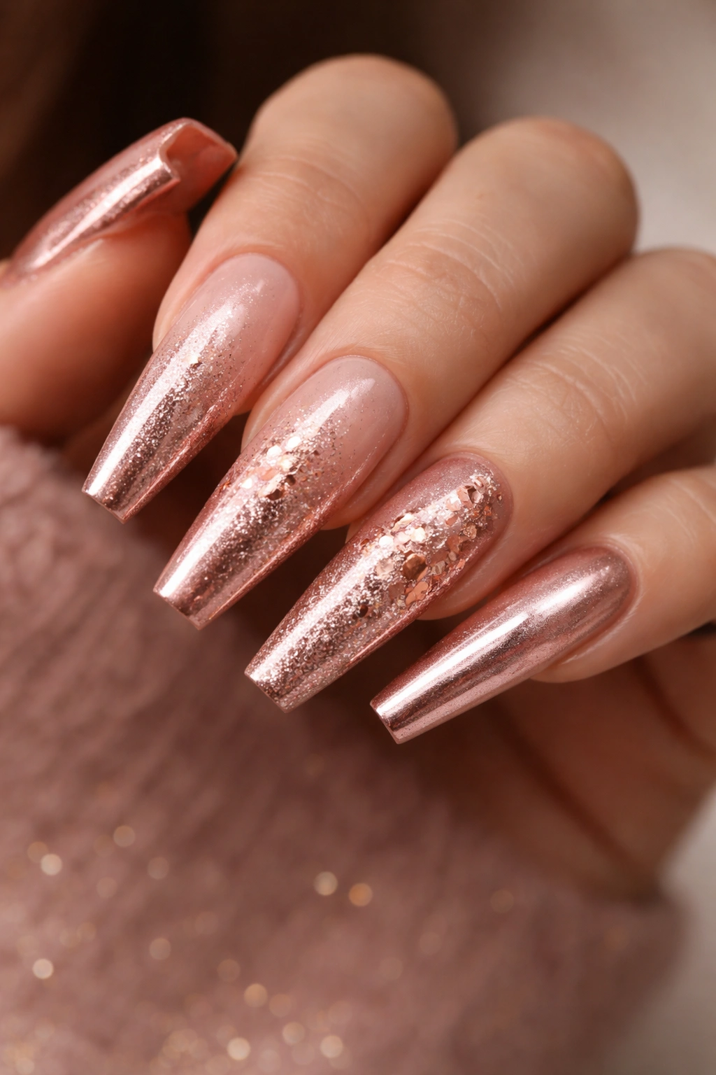 Close-up of rose gold coffin nails with warm metallic shimmer on nude base