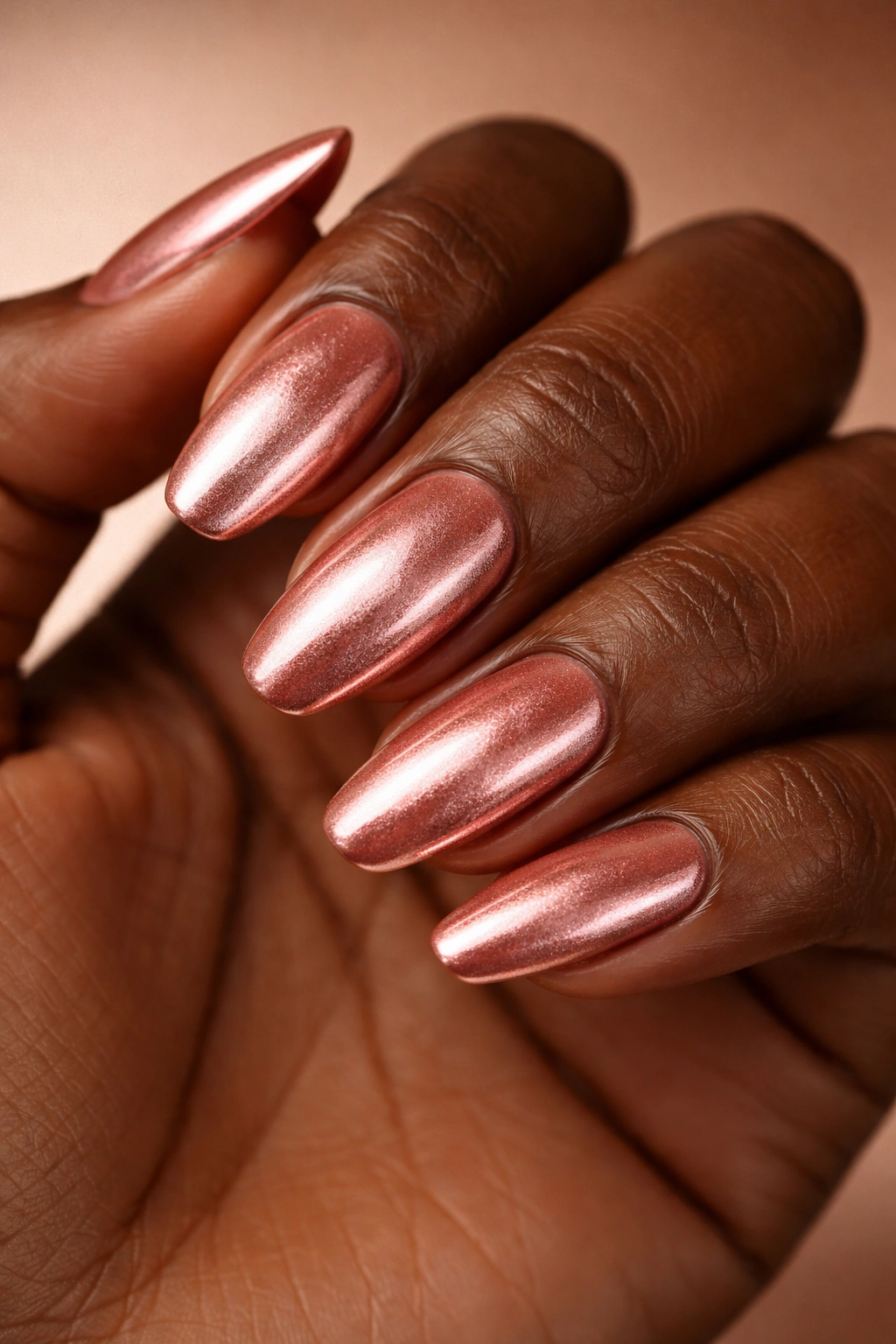 Close-up of dark skin with rose gold metallic nails