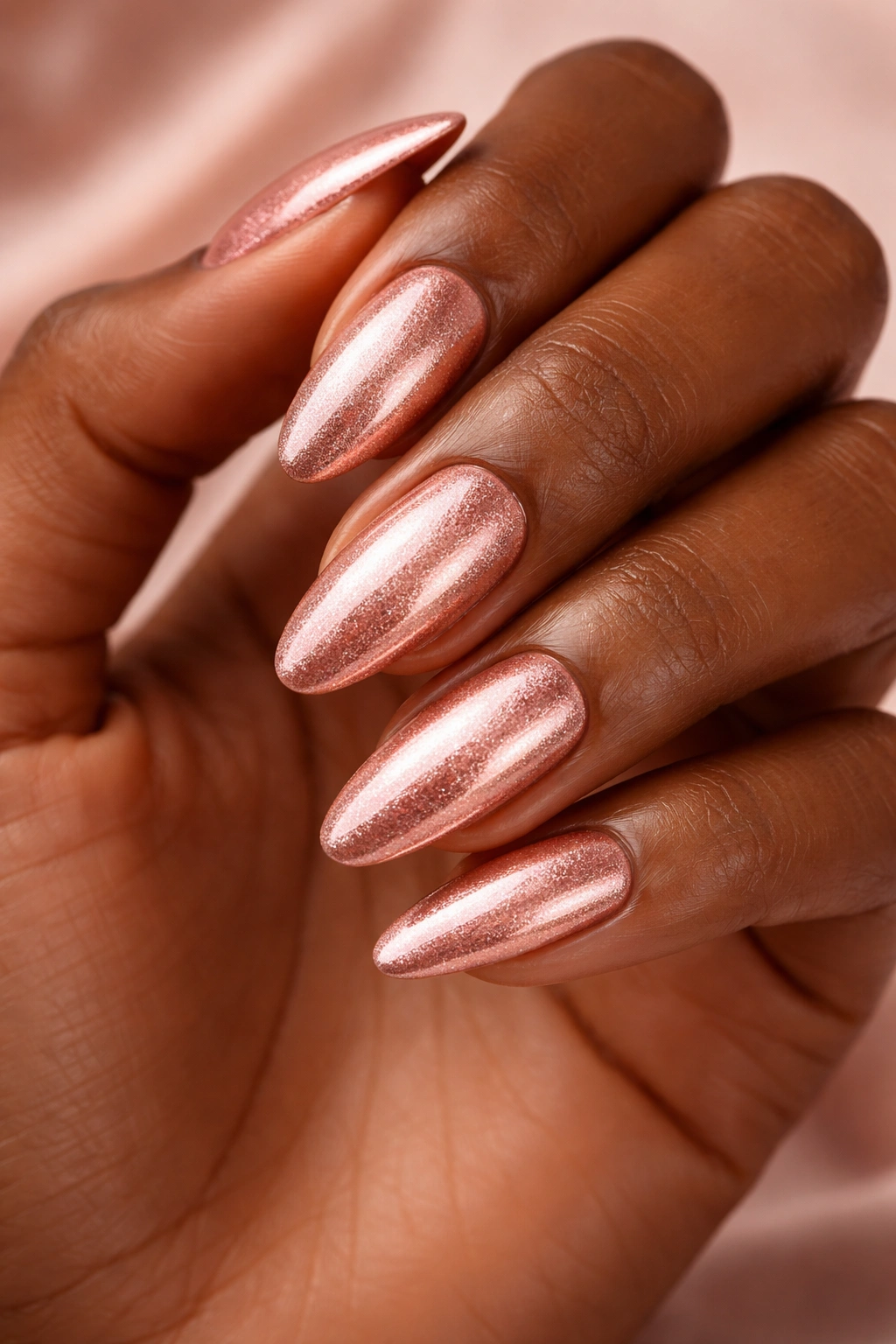 Dark-skinned hand with rose gold nails