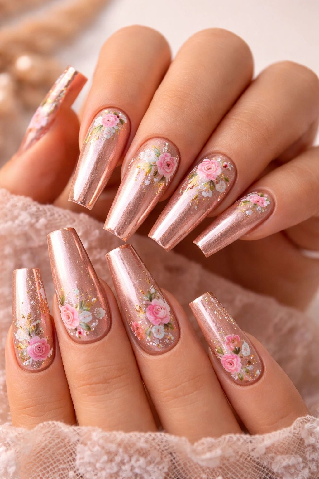 Close-up of rose gold coffin nails with tiny hand-painted pink, cream, and green florals