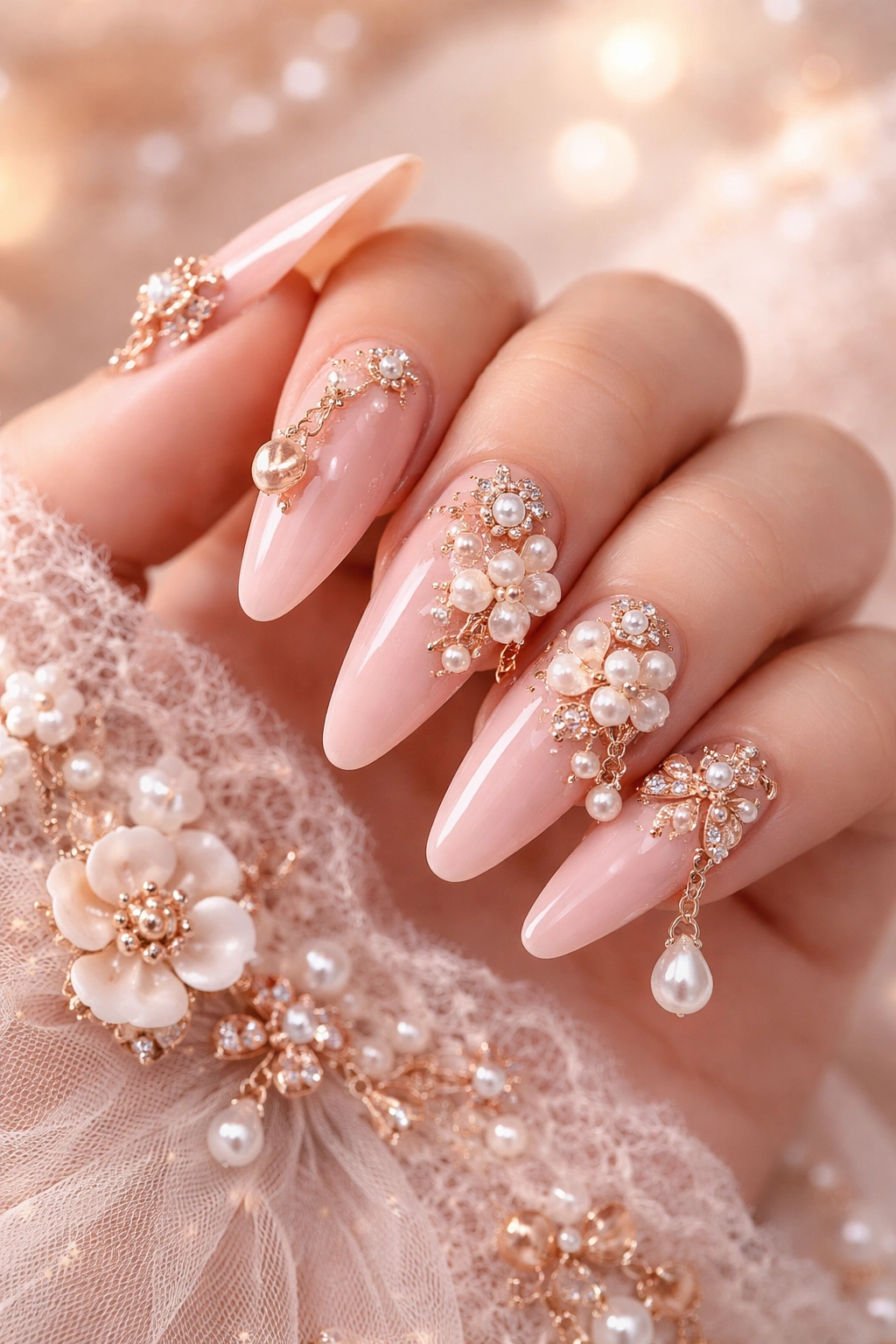 Nails with romantic rose gold charms floral accents and pearls