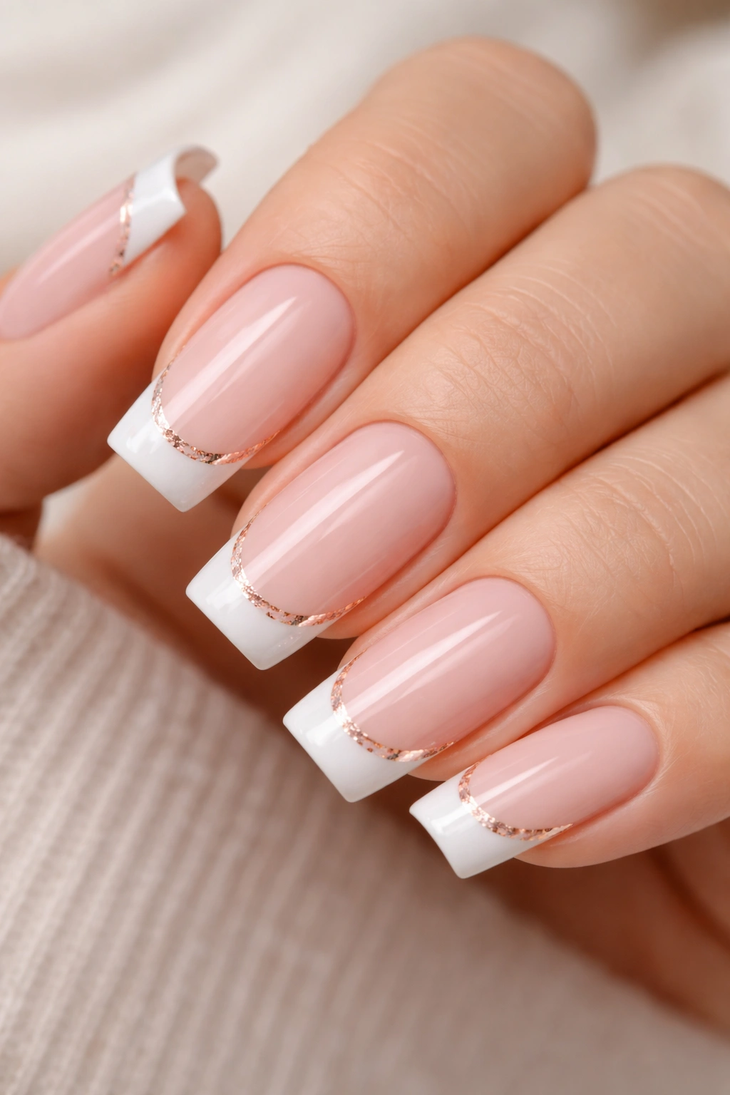 Soft square nails with nude base, white tips, and rose gold accents.