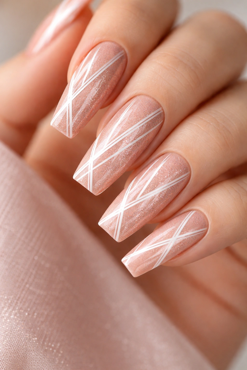 Close-up of coffin nails with rose gold shimmer and white geometric lines