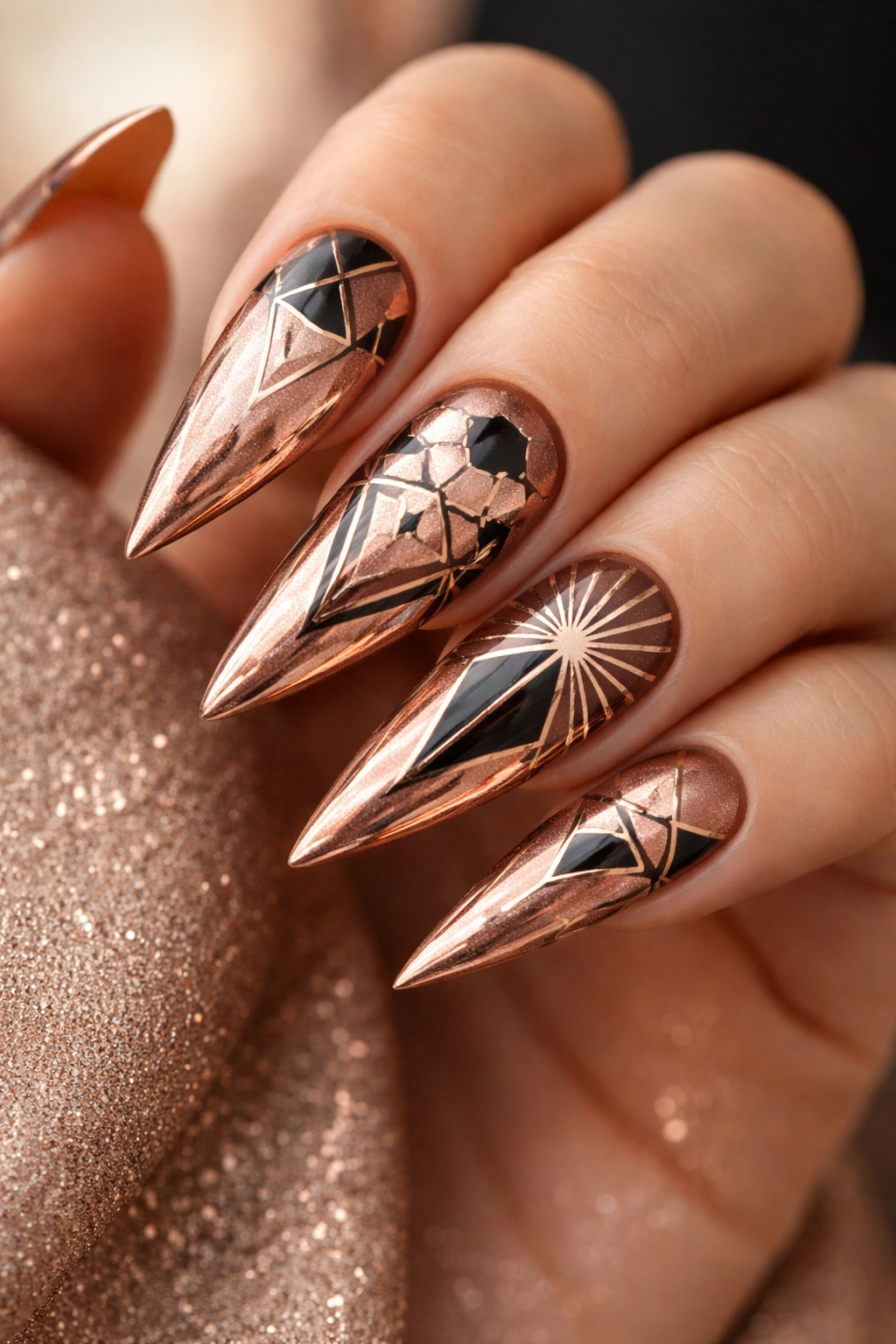 Rose gold metallic stiletto nails with geometric shapes on each nail