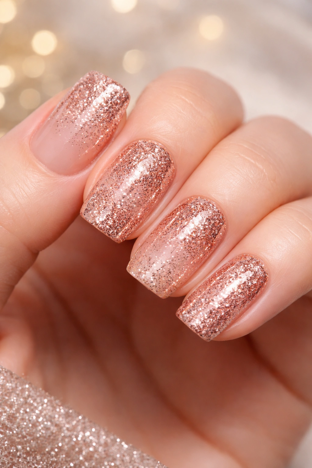 Close-up of rose gold nails with glitter gradient