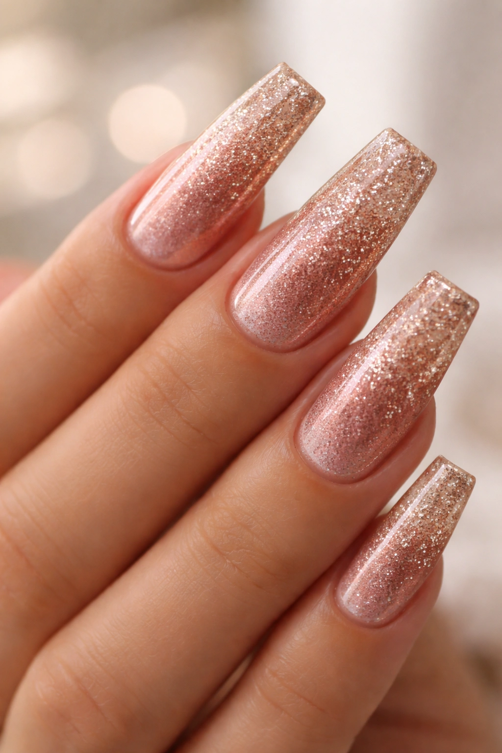 Close-up of duck nails with rose gold glitter fade to clear tips