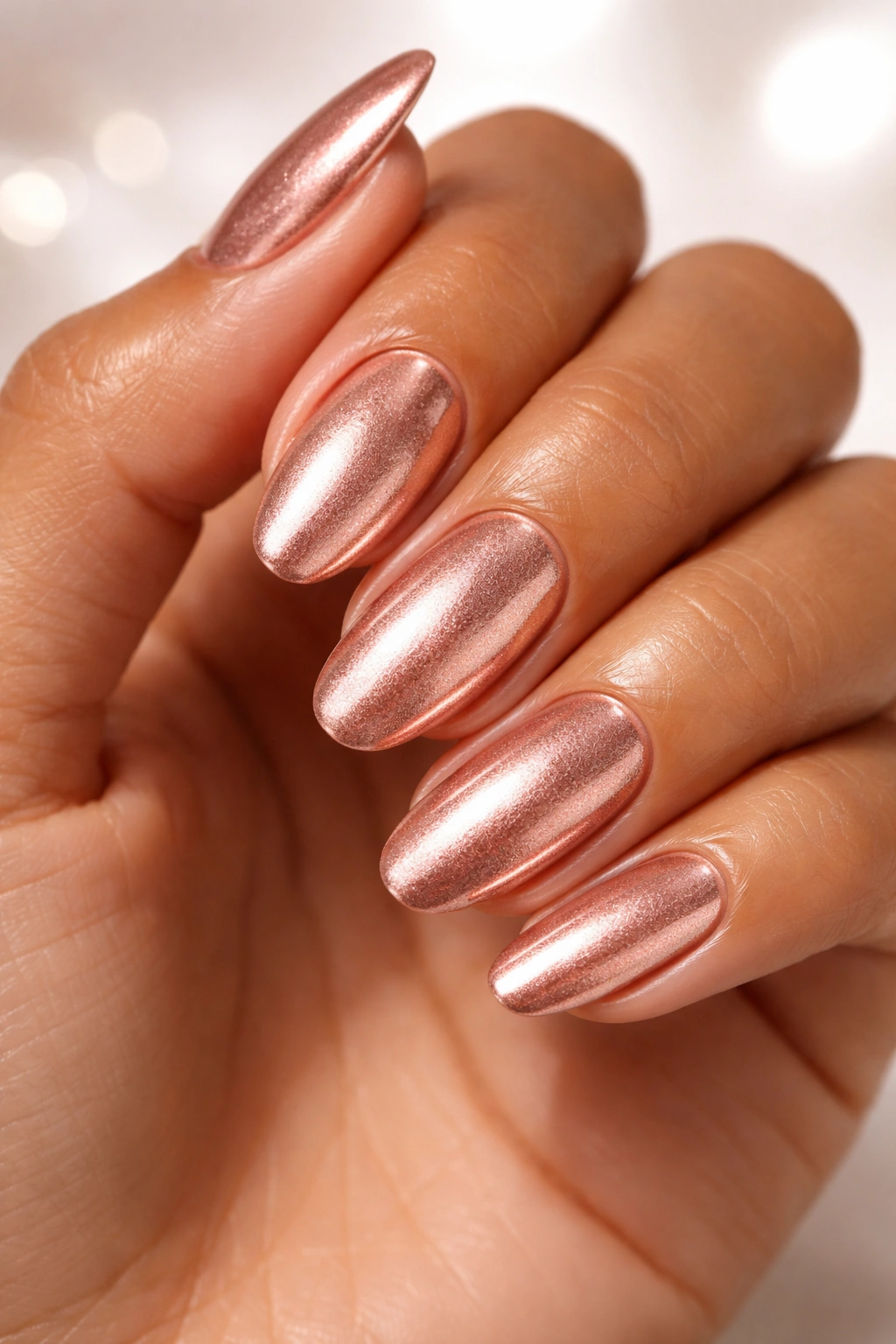Close-up of hand with metallic rose gold nails