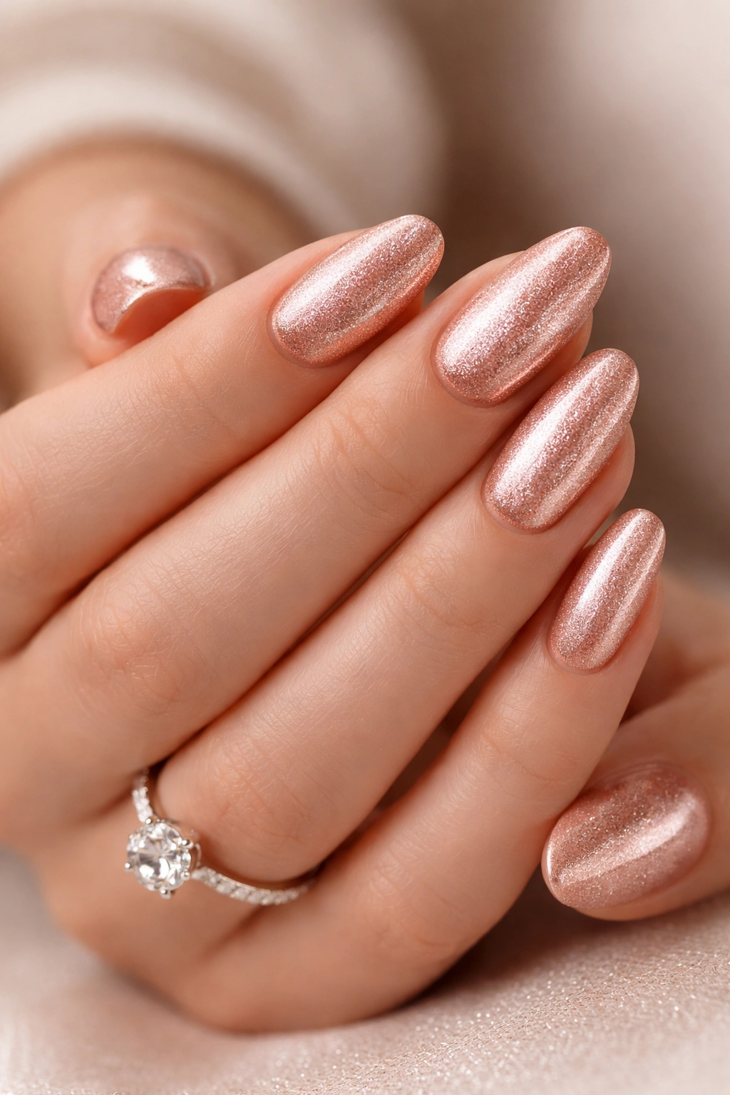 Close-up of hands with rose gold shimmering nails on all ten fingers