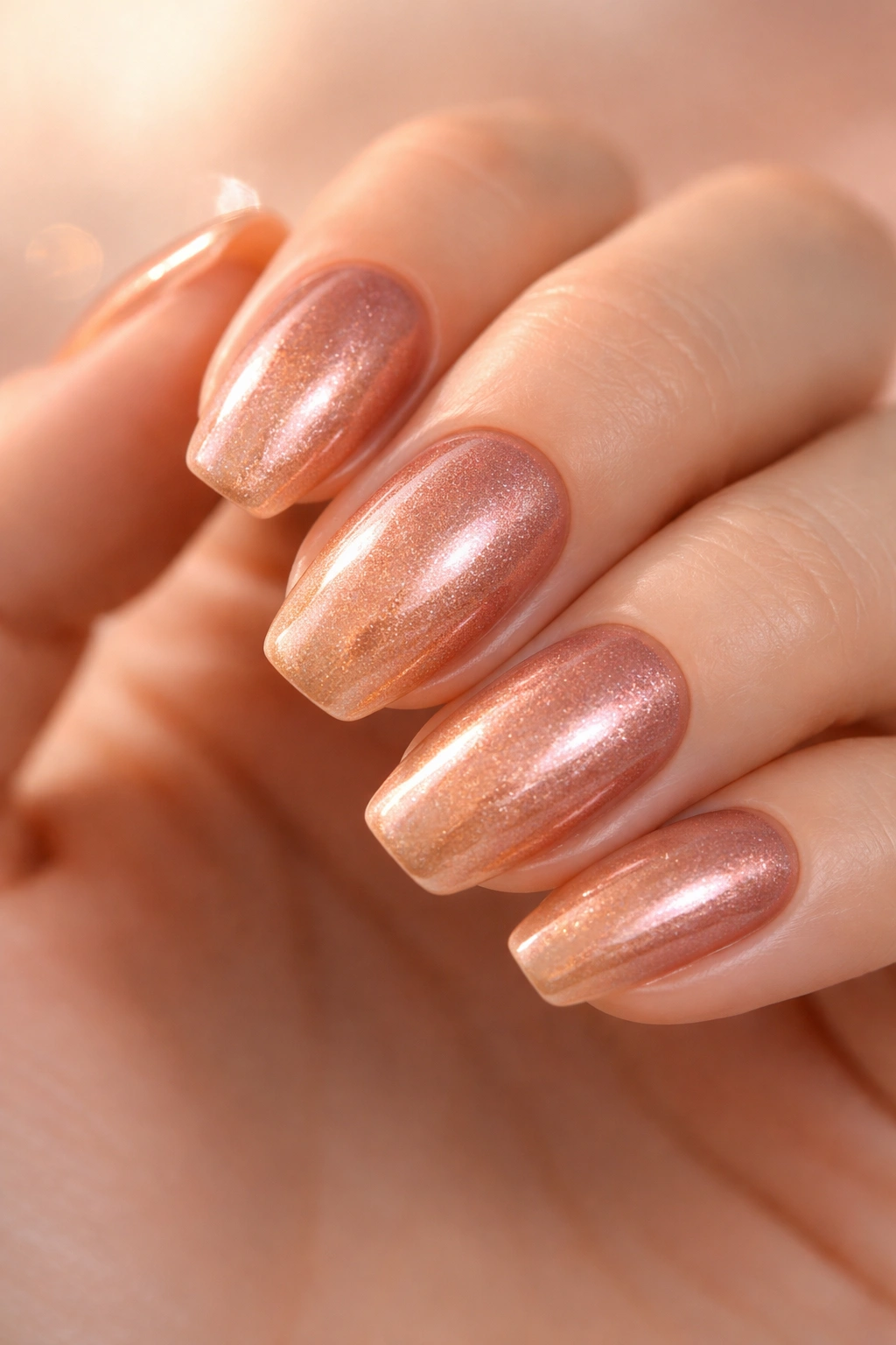 Rose gold sunset nails with metallic shimmer