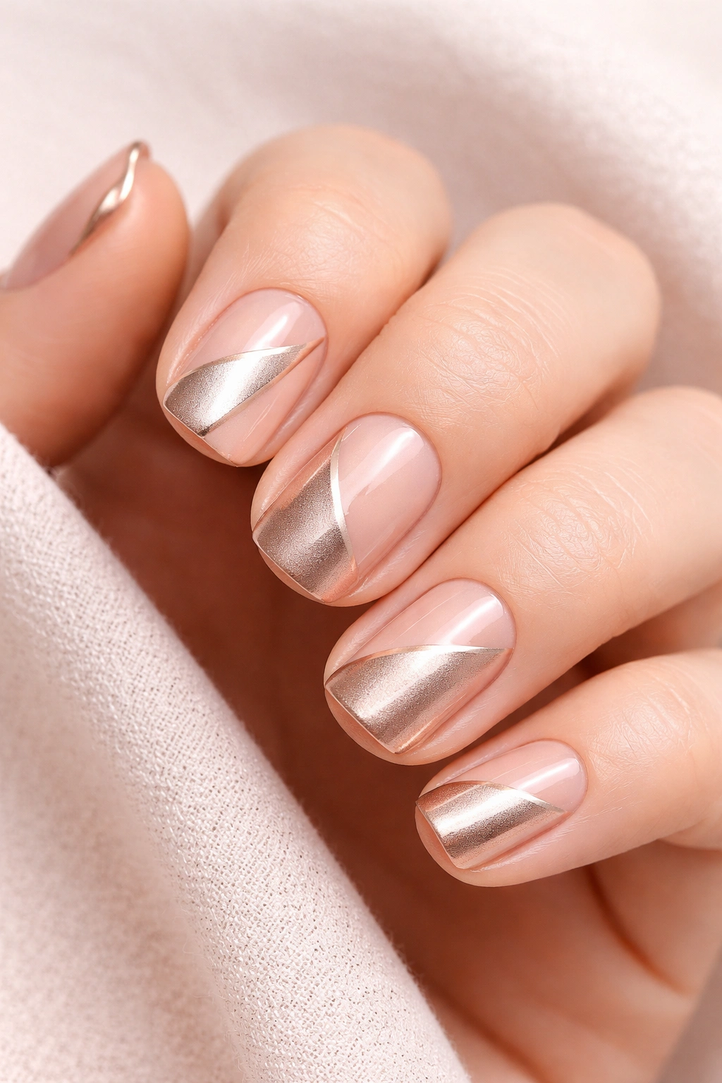Close-up of rose gold nails with negative space design.