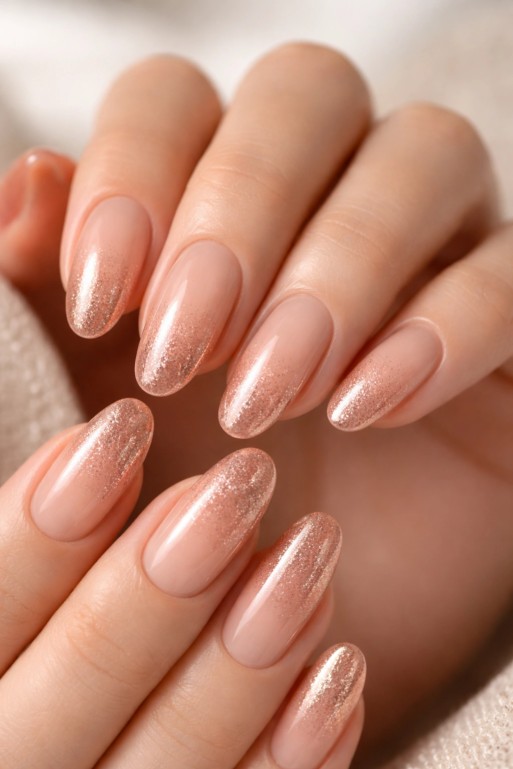 Long oval nails with rose gold fade on a sheer nude base with fine shimmer