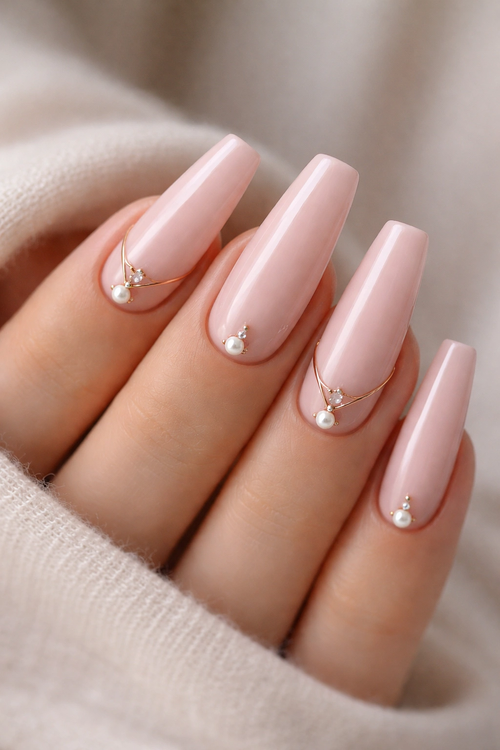 Close-up of blush pink coffin nails with rose gold pearl charms near the cuticle