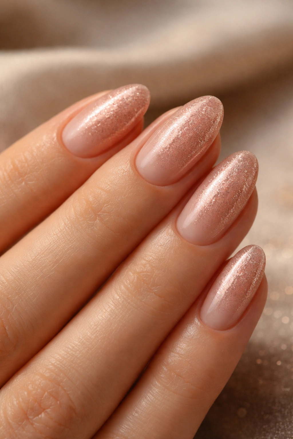 Close-up of rose gold shimmer on short almond nails with warm glow.