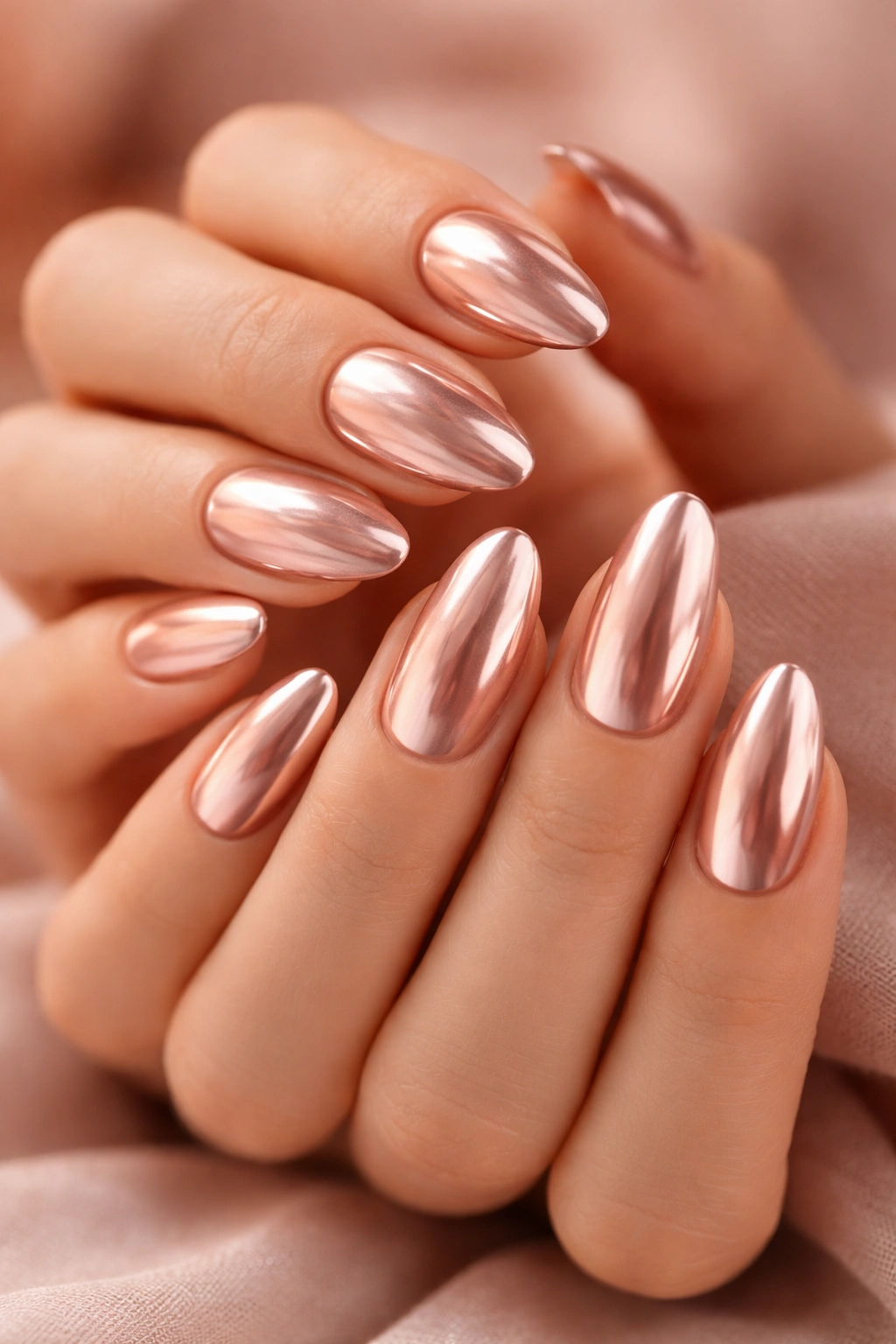 Close-up of hands wearing rose gold chrome nails against a soft neutral background