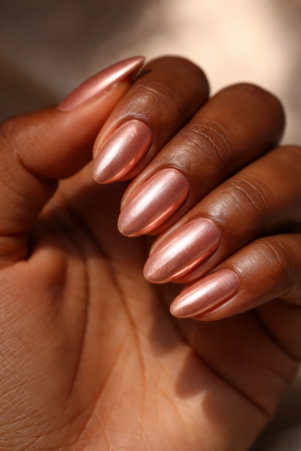 Close-up of rose gold short almond nails