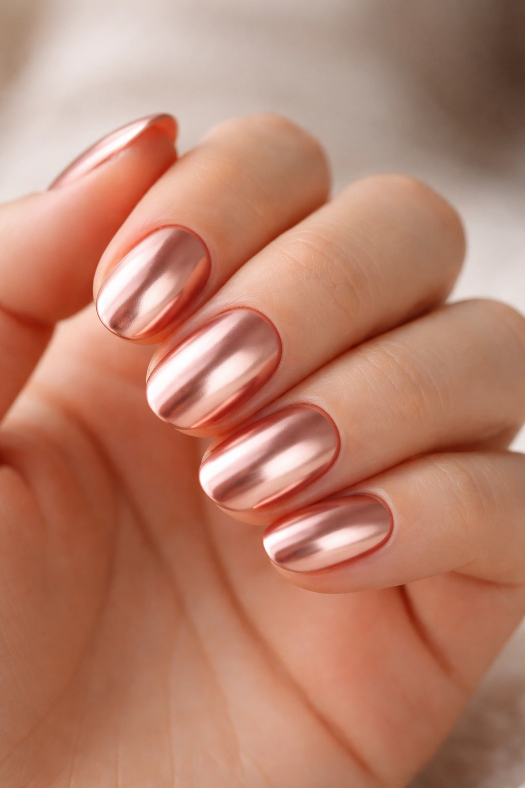 Close-up of rose gold short oval nails with metallic sheen