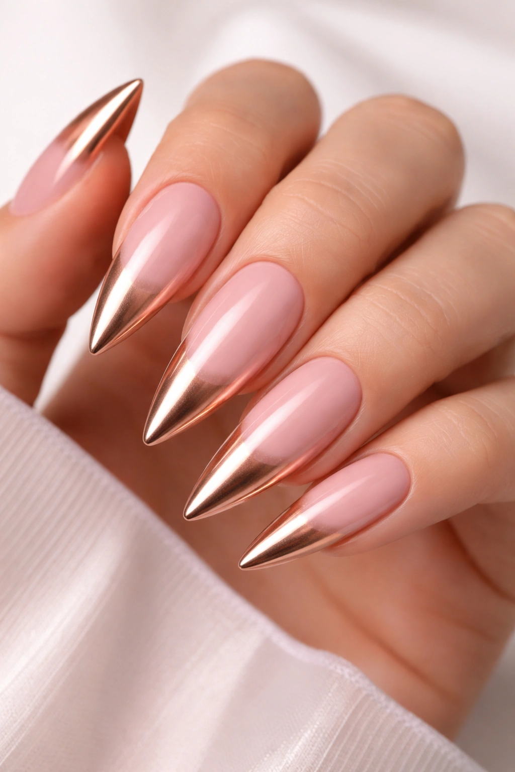 Close-up of light pink stiletto nails with rose gold French tip