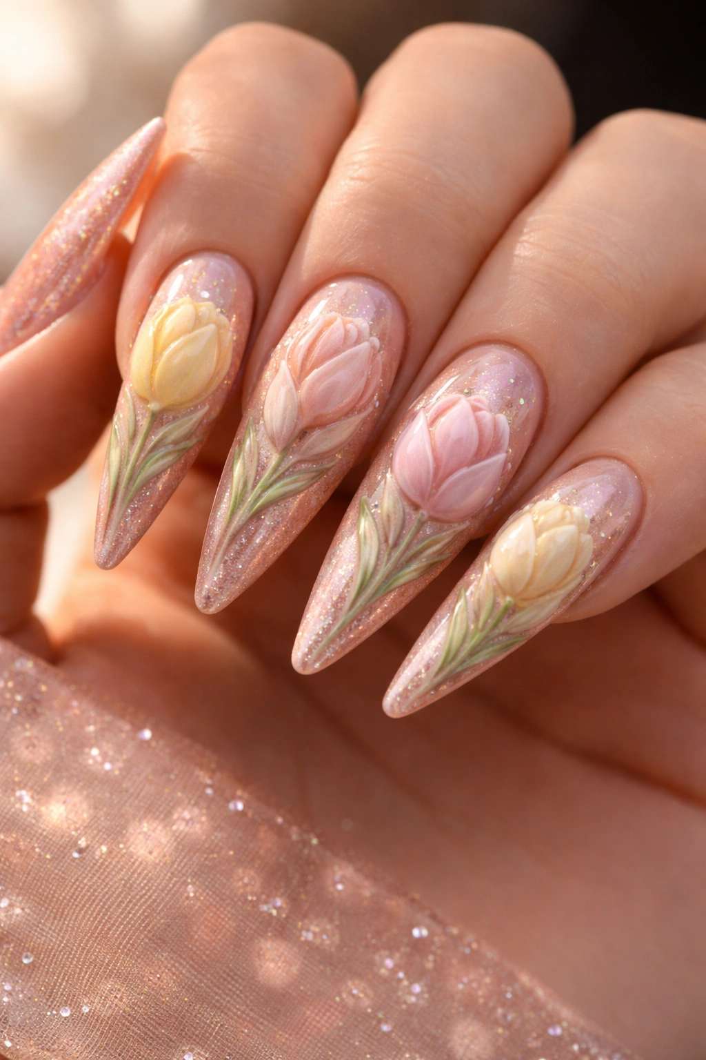 Nails with rose gold shimmer base and raised pastel tulips in yellow pink cream