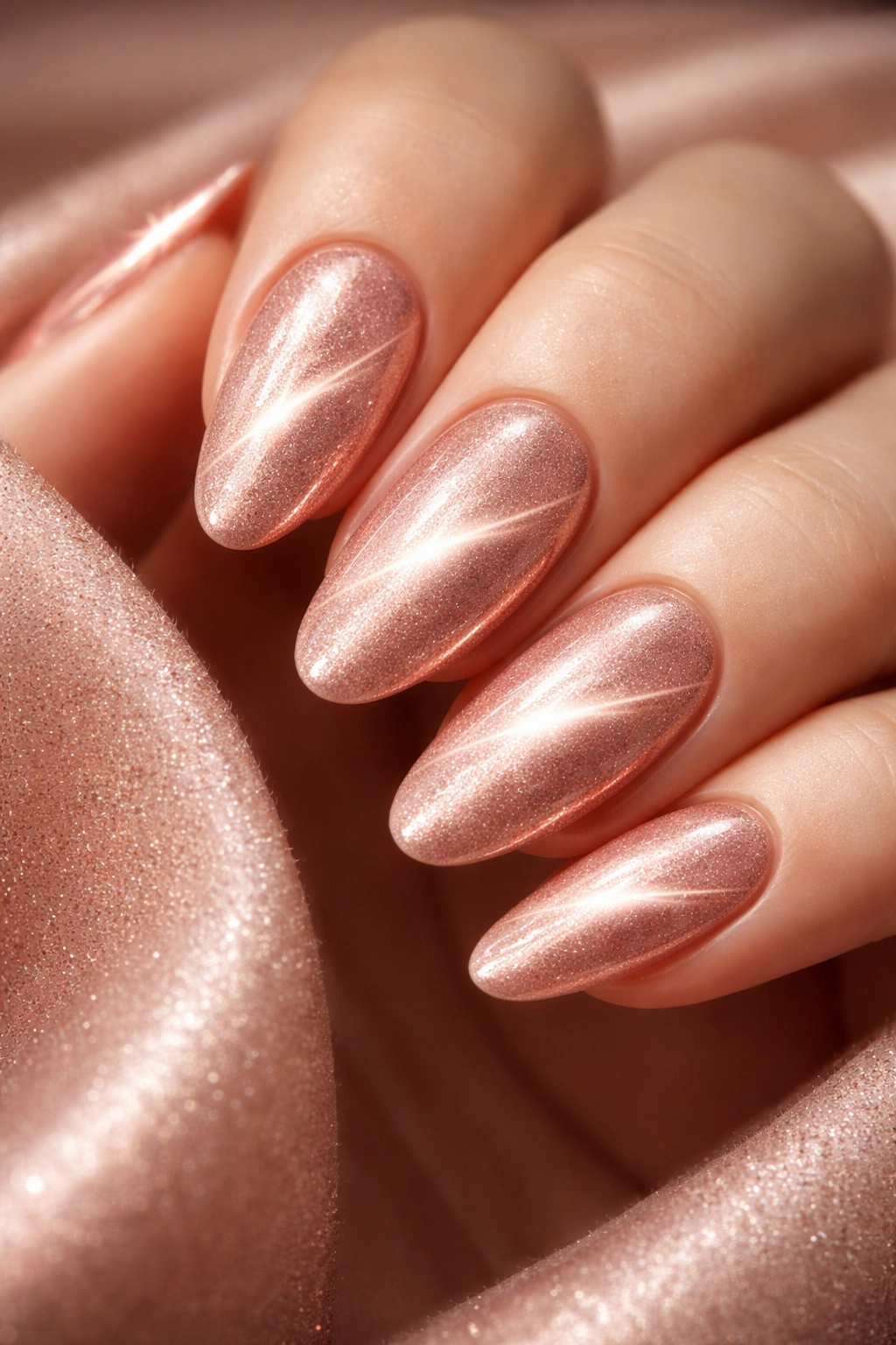 Nails with rose gold velvet cat eye finish showing diffused soft glow.