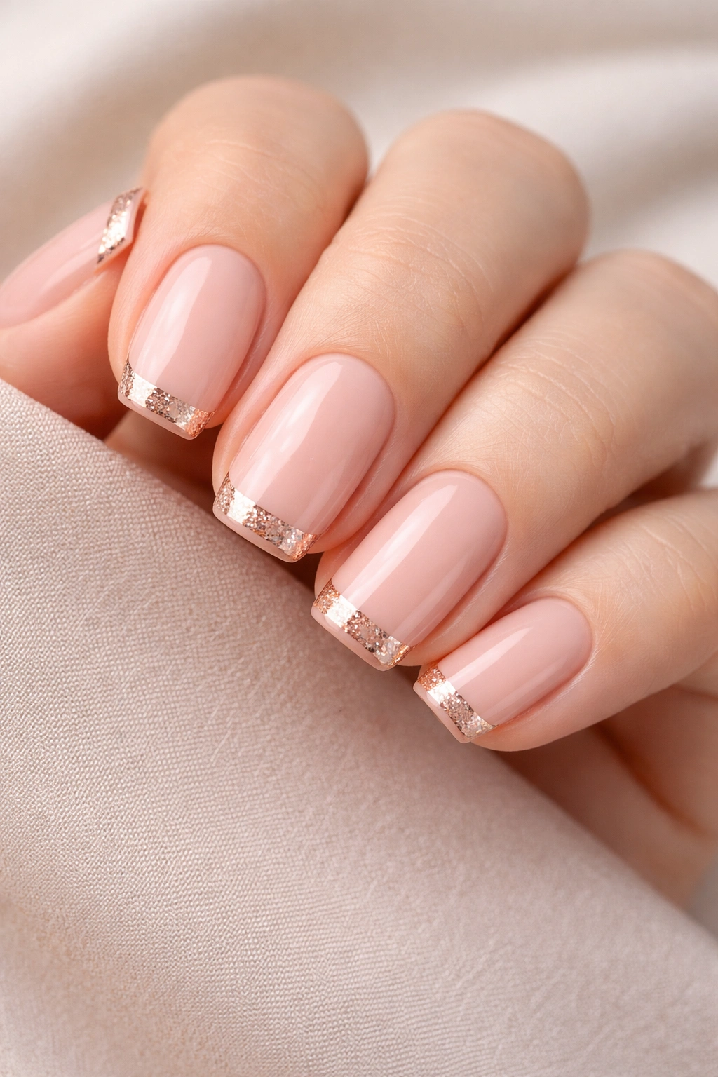 Close-up of nails with nude base and rose gold tips on short squoval nails