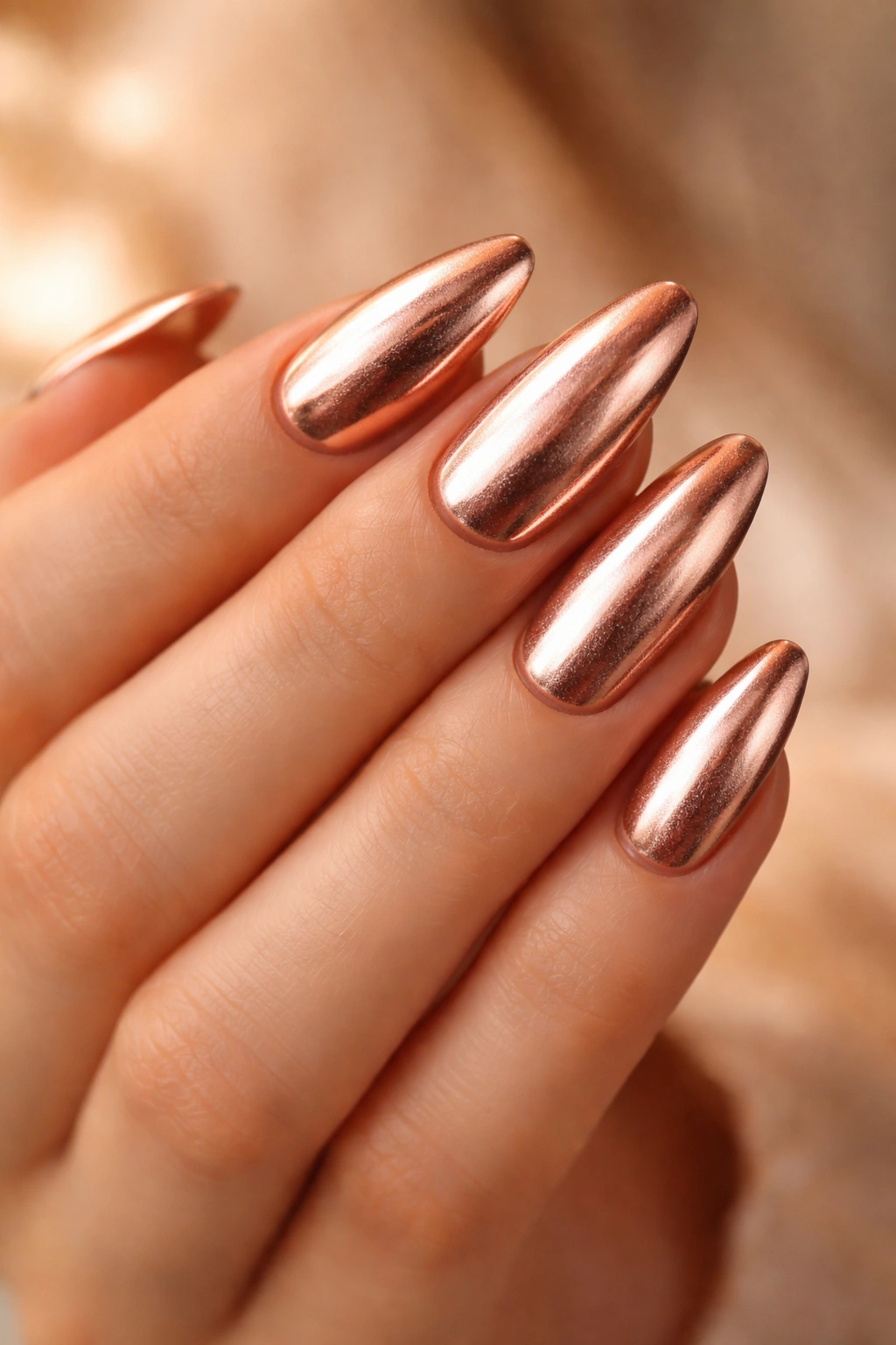 Close-up of hand with rose gold metallic nails under warm light