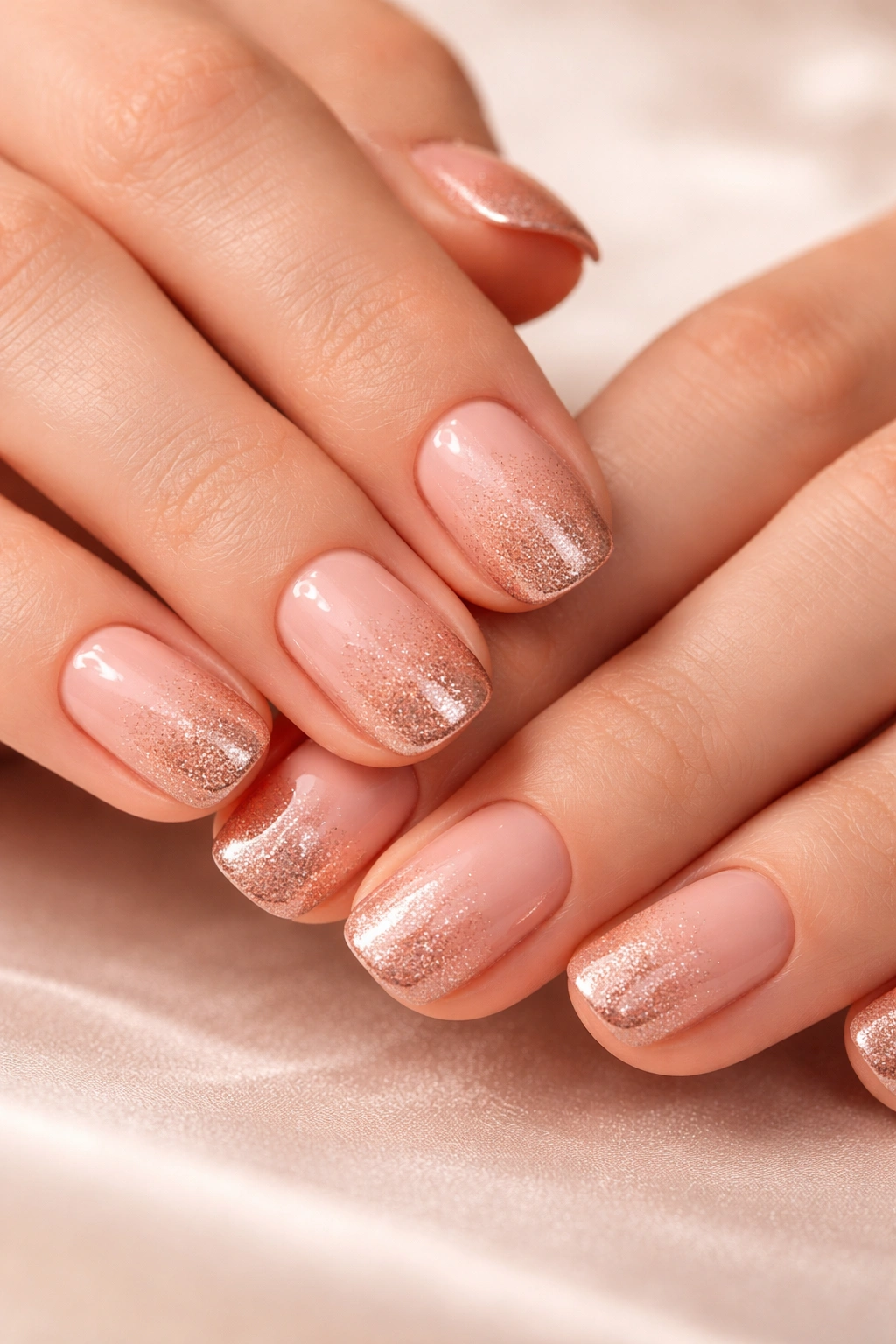 Close-up of short squoval nails in blush-to-rose-gold ombre with subtle shimmer