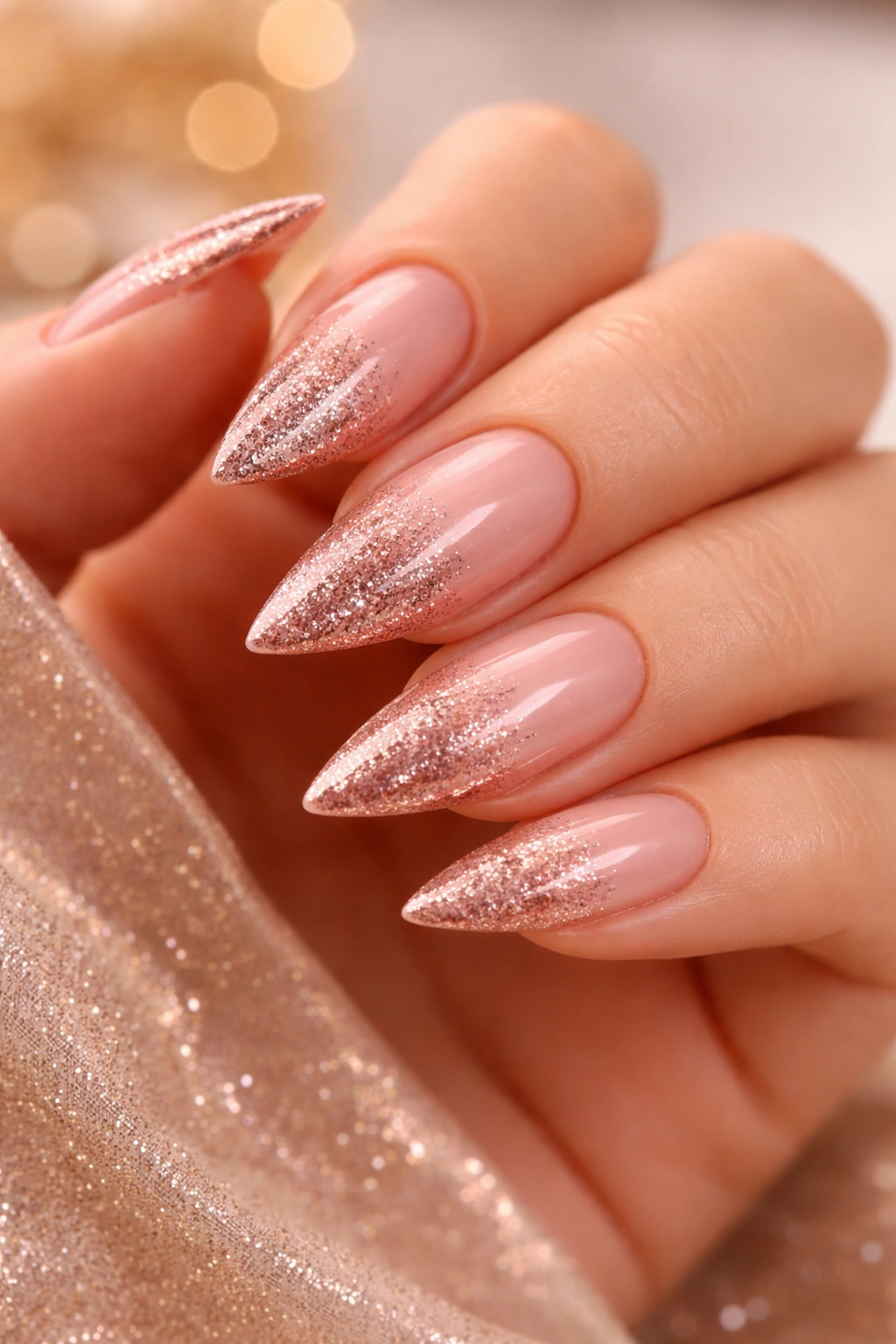 Close-up of rose gold ombre stiletto nails with peachy-pink to rose gold gradient