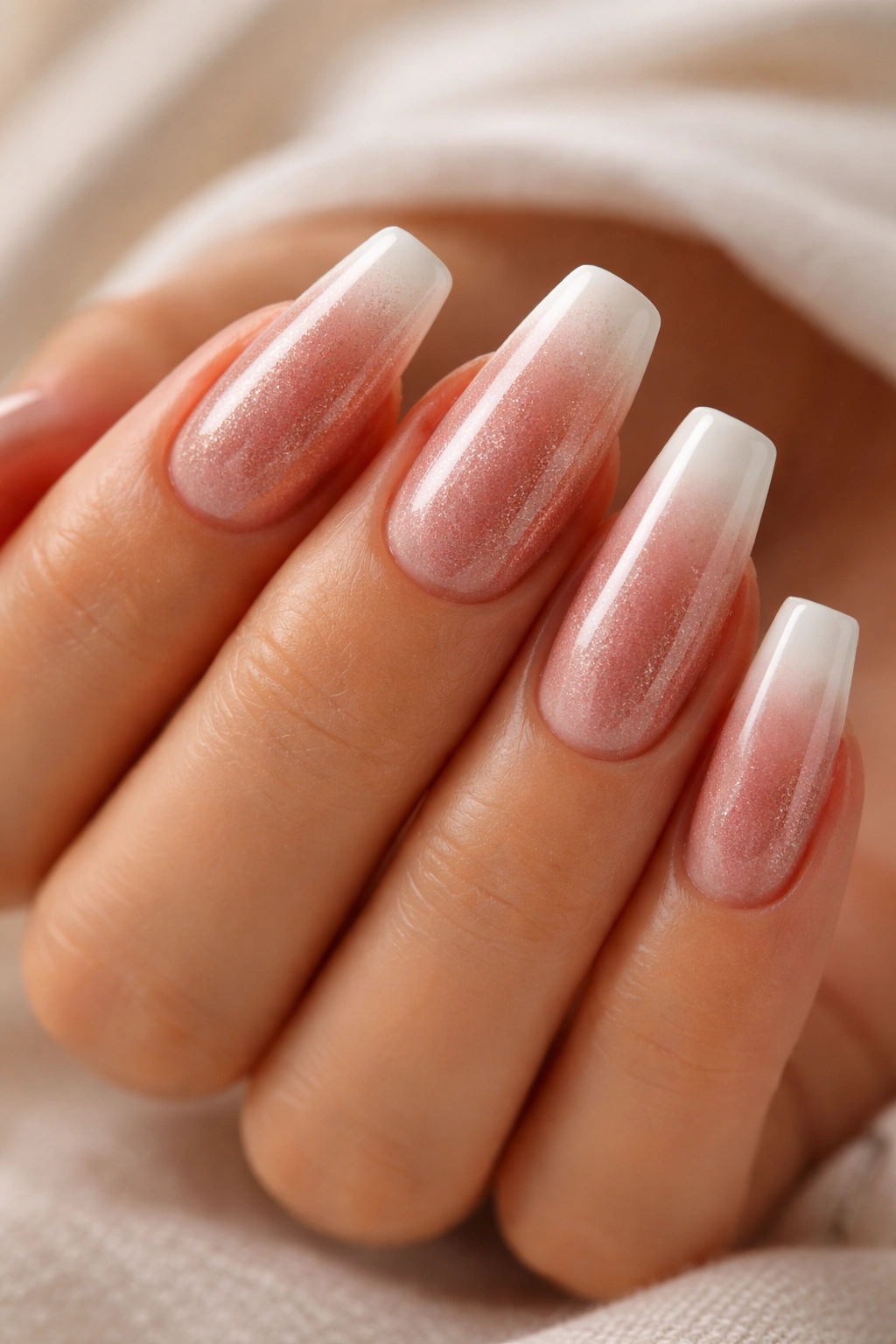 Close-up of rose gold ombré transitioning to white tips on medium coffin nails