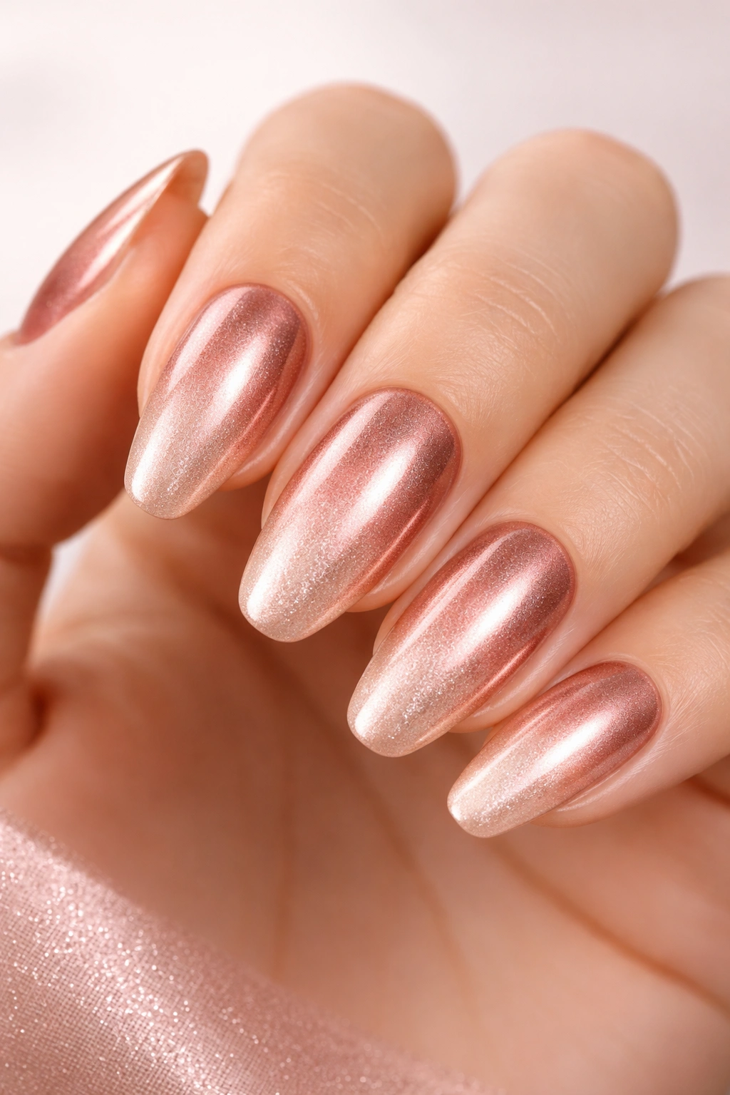 Close-up of rose gold ombre nails with blended gradient from base to tip, ultra-detailed, 8K