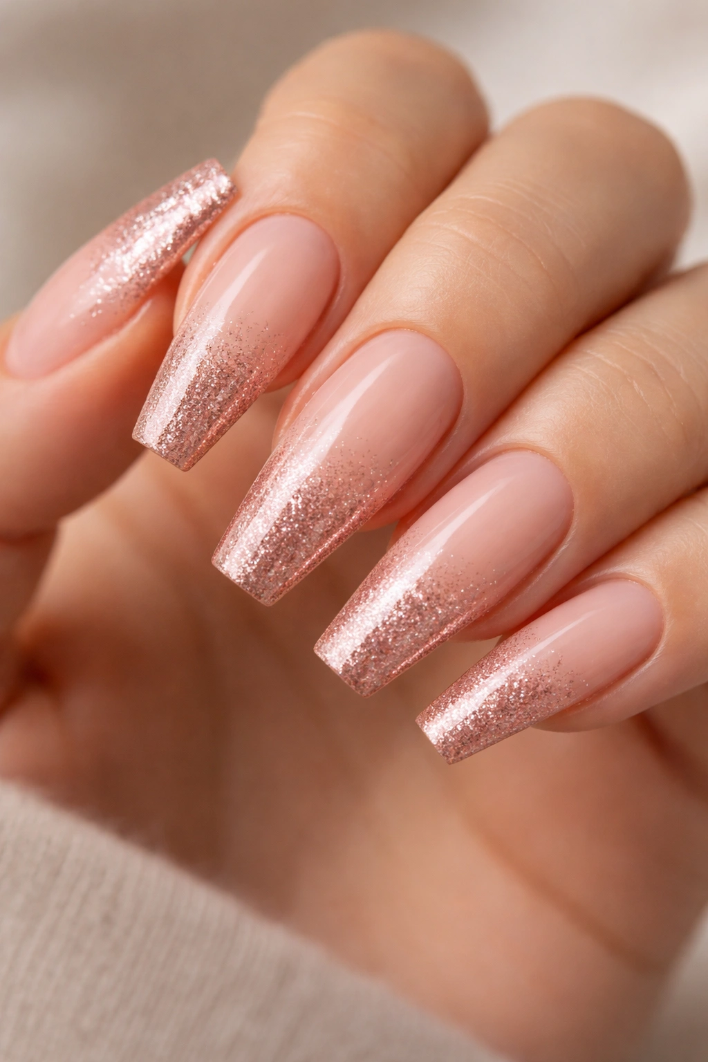 Nude-to-rose-gold shimmer ombre on coffin nails