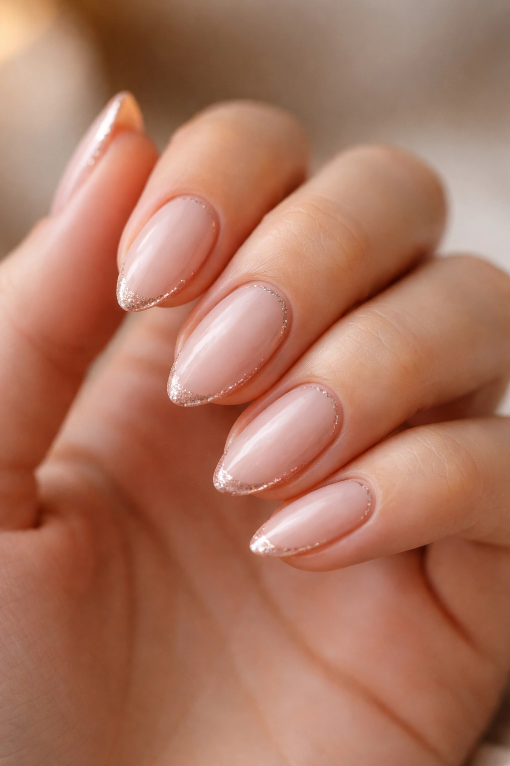 Close-up of short almond nails with rose gold outline on a pale base