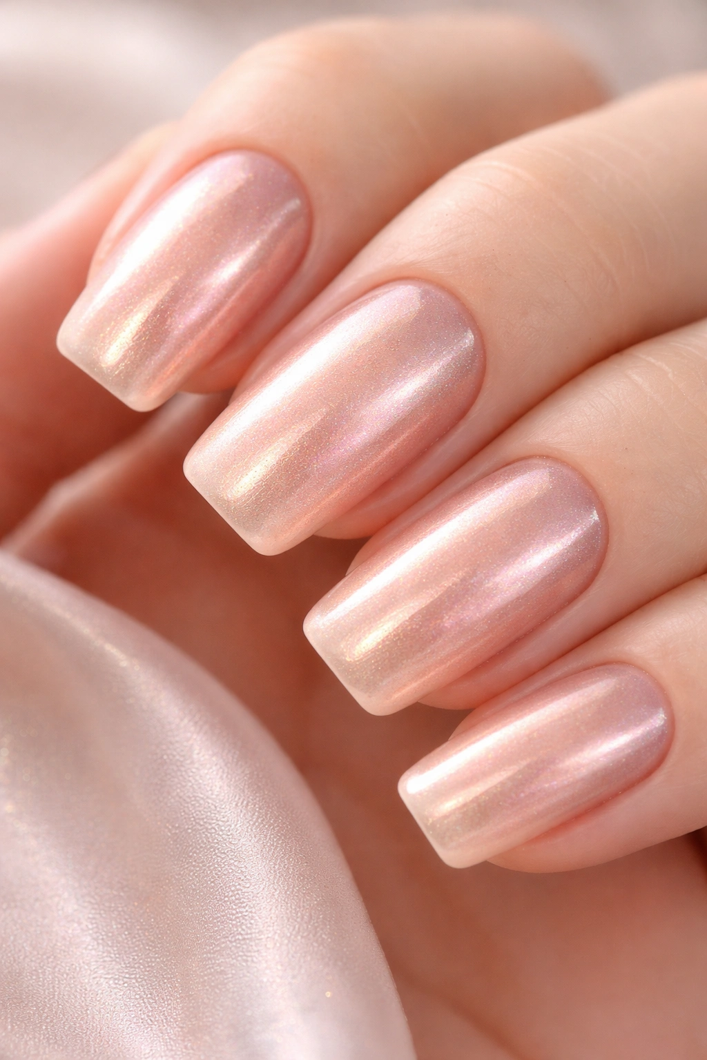Close-up of rose gold squoval nails with pearl finish