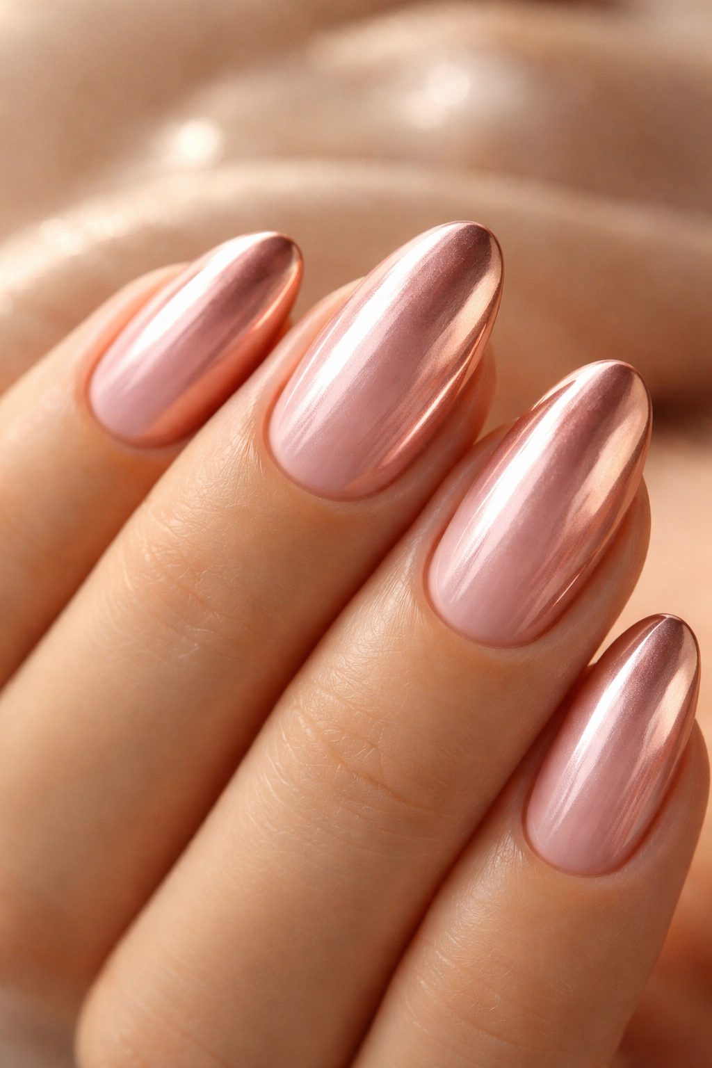 Close-up of a short almond nail with pink base and rose gold chrome finish