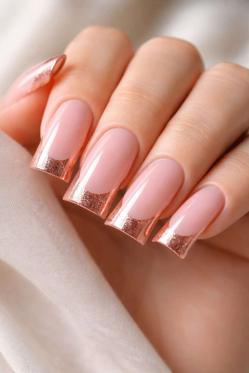 Nails with sheer pink base and rose gold French tips
