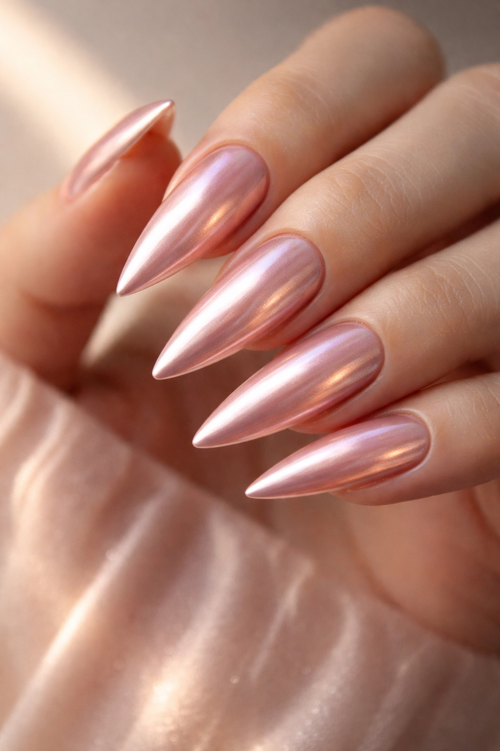 Rose gold pink stiletto nails with pearl finish
