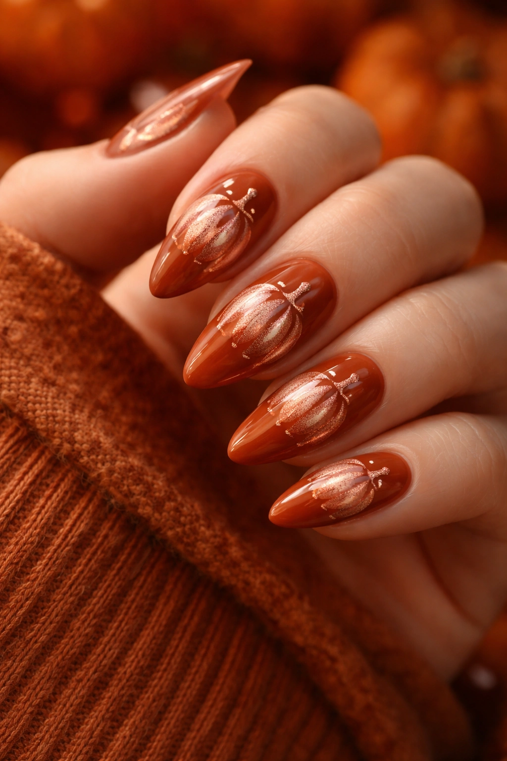 Almond nails with deep orange base and rose gold pumpkin shapes.