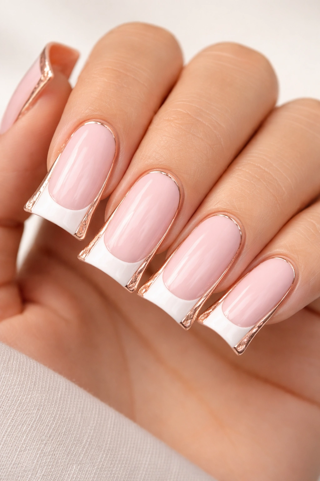 Close-up of duck nails with pale pink base, white tips, and rose gold framing